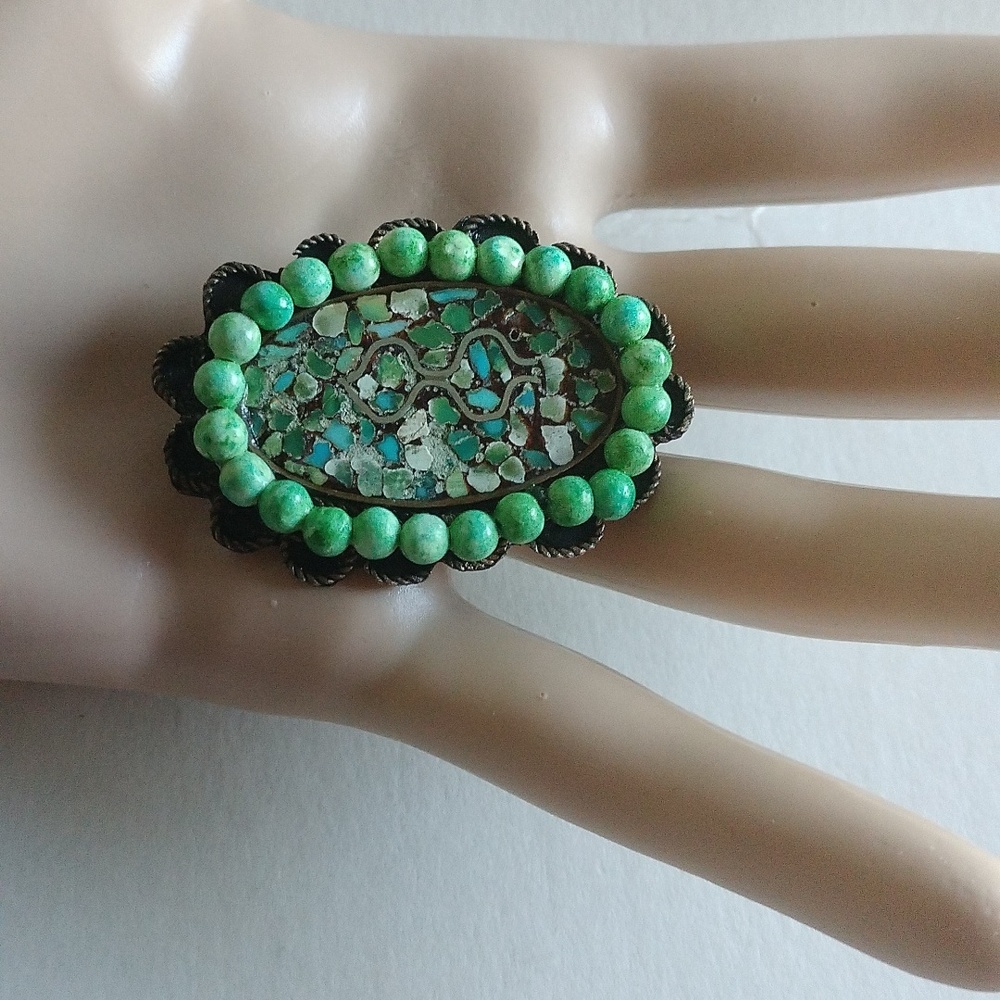 OLD VINTAGE TIBET INLAID TURQUOISE GREEN CORAL PIN BROOCH